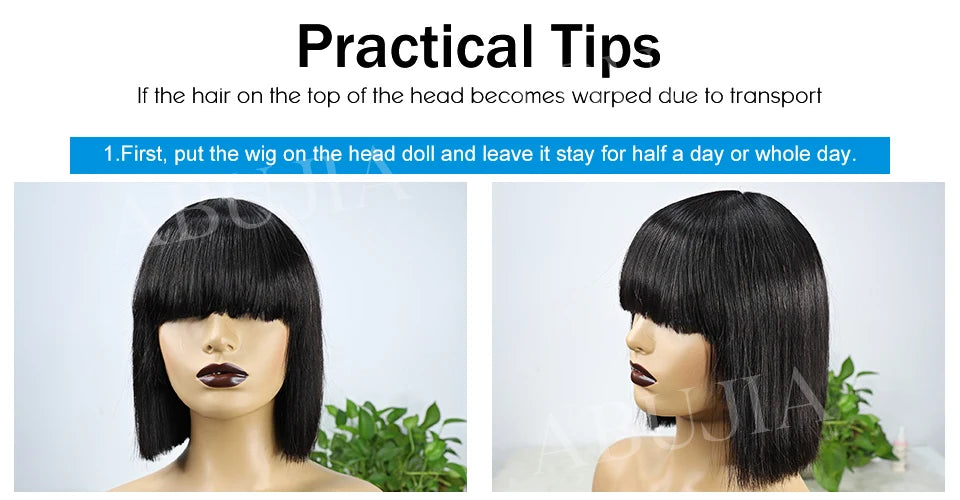 Brazilian Human Hair Wig with Bangs Remy Straight Hair Bob Wigs Full Machine Made Wig for Women 8-16 Inches No Lace Bob Wigs