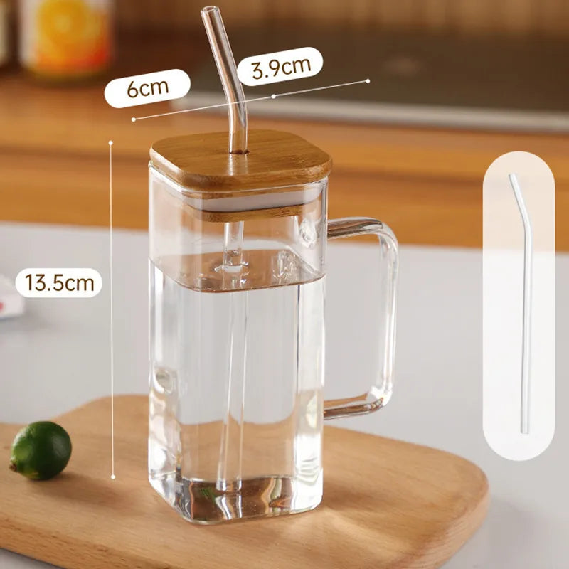 400ml Square Glass Mug With Lid and Straw Breakfast Milk Cup Microwave Safe Transparent Party Beer Coffee Mug Drinkware