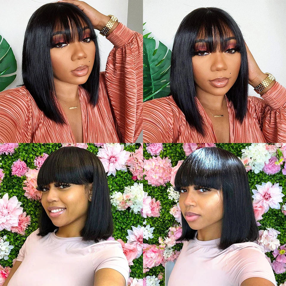 Brazilian Human Hair Wig with Bangs Remy Straight Hair Bob Wigs Full Machine Made Wig for Women 8-16 Inches No Lace Bob Wigs