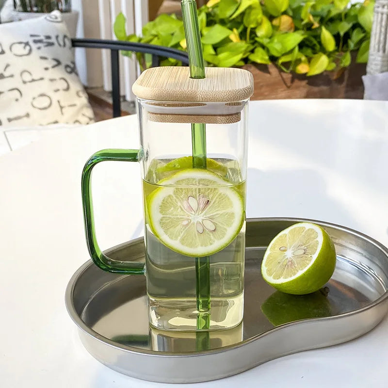 400ml Square Glass Mug With Lid and Straw Breakfast Milk Cup Microwave Safe Transparent Party Beer Coffee Mug Drinkware