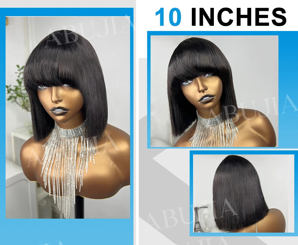 Brazilian Human Hair Wig with Bangs Remy Straight Hair Bob Wigs Full Machine Made Wig for Women 8-16 Inches No Lace Bob Wigs