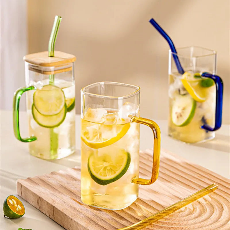 400ml Square Glass Mug With Lid and Straw Breakfast Milk Cup Microwave Safe Transparent Party Beer Coffee Mug Drinkware