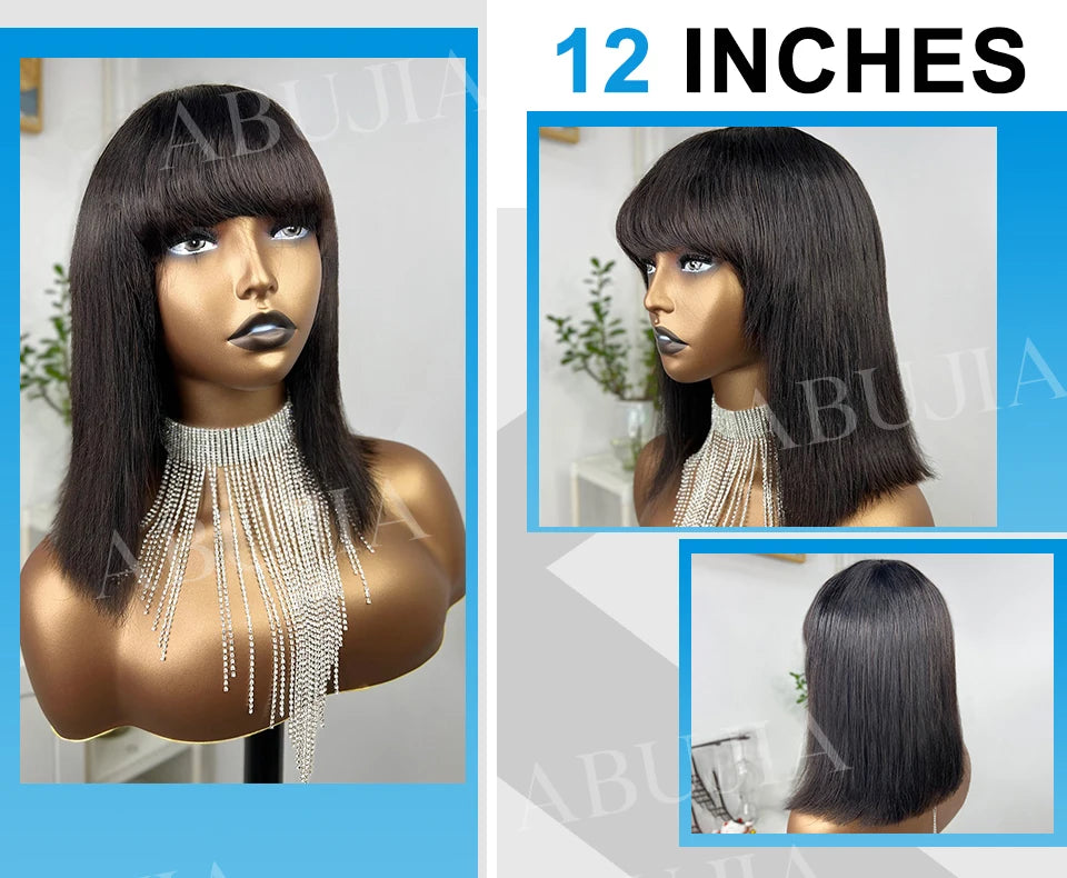 Brazilian Human Hair Wig with Bangs Remy Straight Hair Bob Wigs Full Machine Made Wig for Women 8-16 Inches No Lace Bob Wigs