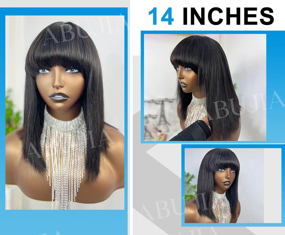 Brazilian Human Hair Wig with Bangs Remy Straight Hair Bob Wigs Full Machine Made Wig for Women 8-16 Inches No Lace Bob Wigs