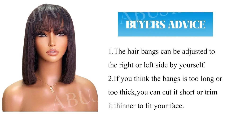 Brazilian Human Hair Wig with Bangs Remy Straight Hair Bob Wigs Full Machine Made Wig for Women 8-16 Inches No Lace Bob Wigs