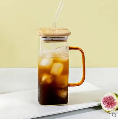 400ml Square Glass Mug With Lid and Straw Breakfast Milk Cup Microwave Safe Transparent Party Beer Coffee Mug Drinkware