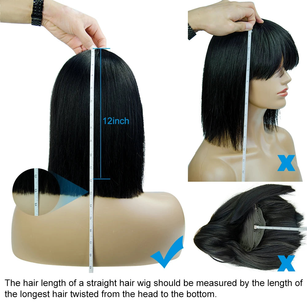 Brazilian Human Hair Wig with Bangs Remy Straight Hair Bob Wigs Full Machine Made Wig for Women 8-16 Inches No Lace Bob Wigs