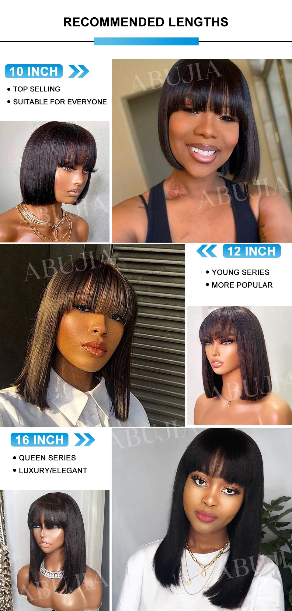 Brazilian Human Hair Wig with Bangs Remy Straight Hair Bob Wigs Full Machine Made Wig for Women 8-16 Inches No Lace Bob Wigs