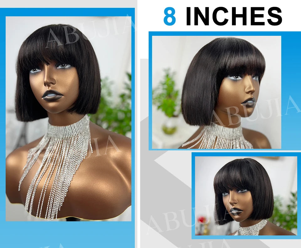 Brazilian Human Hair Wig with Bangs Remy Straight Hair Bob Wigs Full Machine Made Wig for Women 8-16 Inches No Lace Bob Wigs