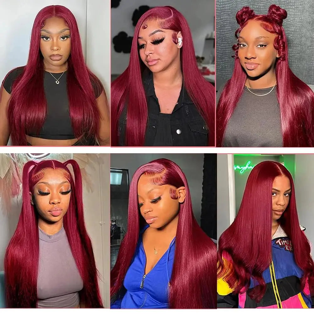 99J Burgundy Hair Bundles With Lace Frontal Wine Red Straight Human Hair 3 Bundles With 13×4  Lace Frontal with Baby Hair 12A
