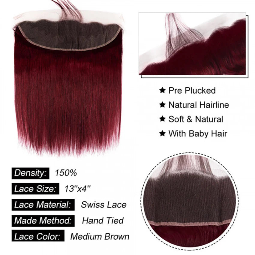99J Burgundy Hair Bundles With Lace Frontal Wine Red Straight Human Hair 3 Bundles With 13×4  Lace Frontal with Baby Hair 12A