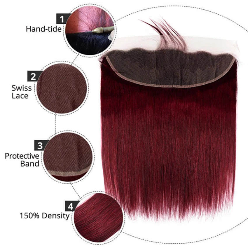 99J Burgundy Hair Bundles With Lace Frontal Wine Red Straight Human Hair 3 Bundles With 13×4  Lace Frontal with Baby Hair 12A