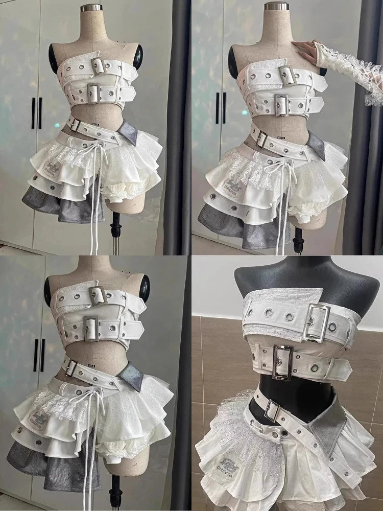 Summer Vintage Elegant Y2K Woman 2 Piece Sets Punk Gothic Strapless Crop Tops +High Waist Ruffle Skirt Female Party Outfits 2025