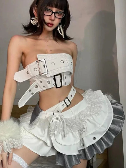 Summer Vintage Elegant Y2K Woman 2 Piece Sets Punk Gothic Strapless Crop Tops +High Waist Ruffle Skirt Female Party Outfits 2025
