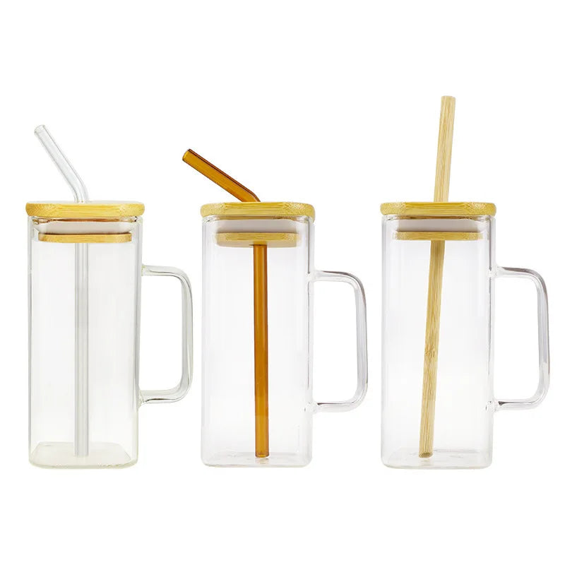 400ml Square Glass Mug With Lid and Straw Breakfast Milk Cup Microwave Safe Transparent Party Beer Coffee Mug Drinkware