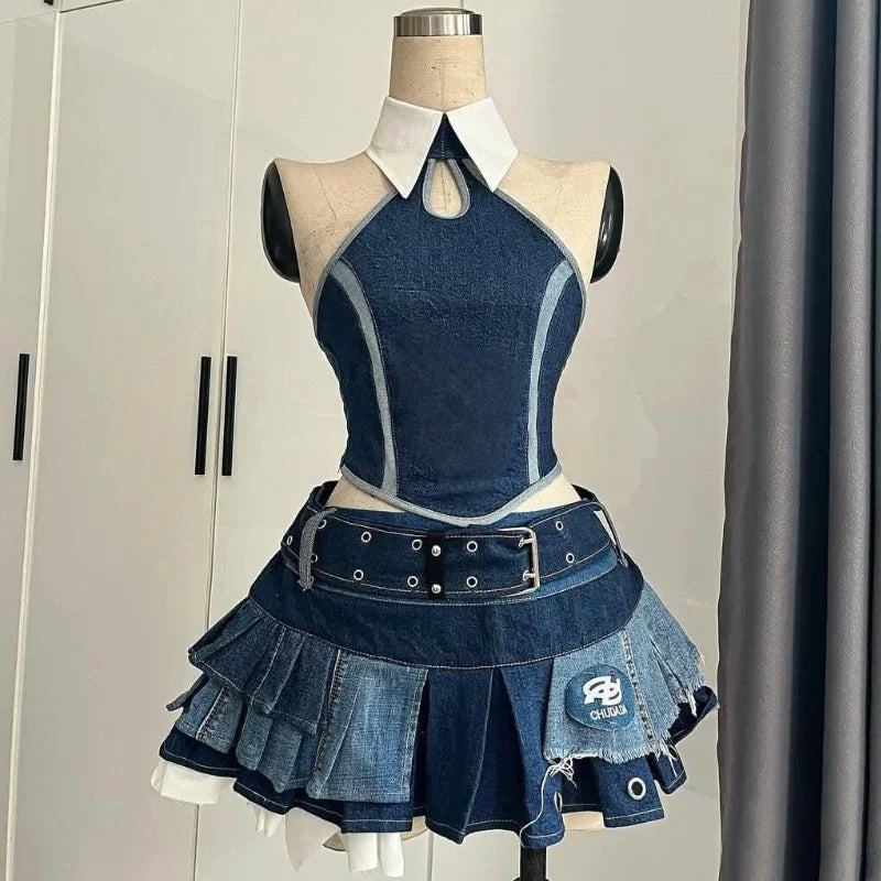 Summer Vintage Elegant Y2K Woman 2 Piece Sets Punk Gothic Strapless Crop Tops +High Waist Ruffle Skirt Female Party Outfits 2025