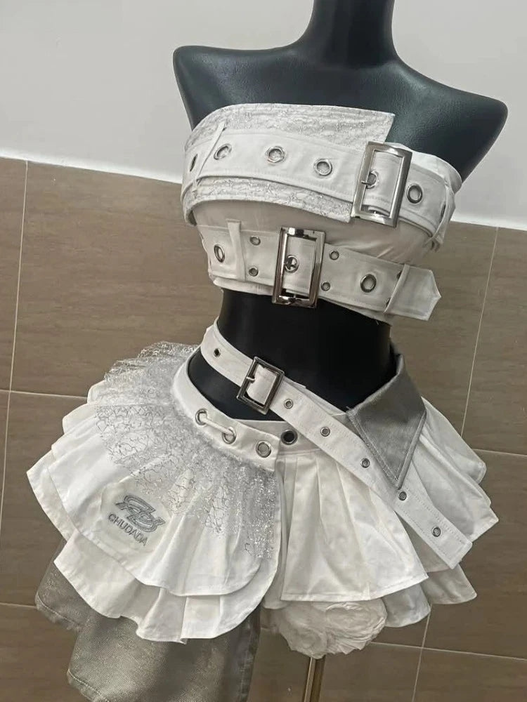 Summer Vintage Elegant Y2K Woman 2 Piece Sets Punk Gothic Strapless Crop Tops +High Waist Ruffle Skirt Female Party Outfits 2025