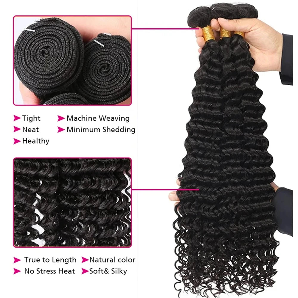 28 30 32 Inches Deep Wave Bundles With Frontal 13x4 HD Lace Brazilian Remy Hair Bundles for Black Women Lace Closure With Bundle