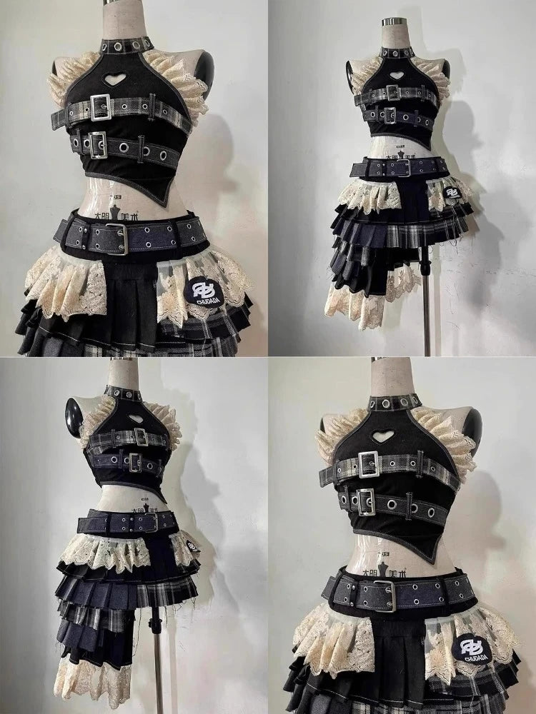 Summer Vintage Elegant Y2K Woman 2 Piece Sets Punk Gothic Strapless Crop Tops +High Waist Ruffle Skirt Female Party Outfits 2025