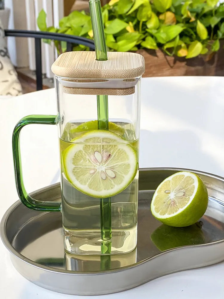 400ml Square Glass Mug With Lid and Straw Breakfast Milk Cup Microwave Safe Transparent Party Beer Coffee Mug Drinkware