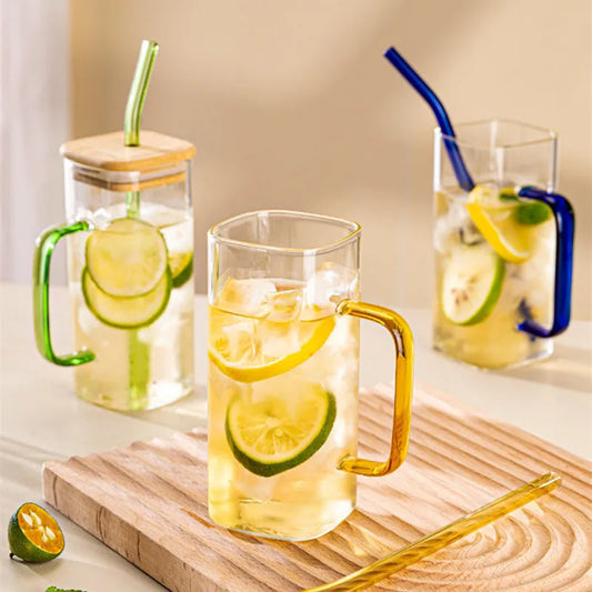 400ml Square Glass Mug With Lid and Straw Breakfast Milk Cup Microwave Safe Transparent Party Beer Coffee Mug Drinkware