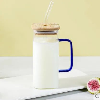 400ml Square Glass Mug With Lid and Straw Breakfast Milk Cup Microwave Safe Transparent Party Beer Coffee Mug Drinkware