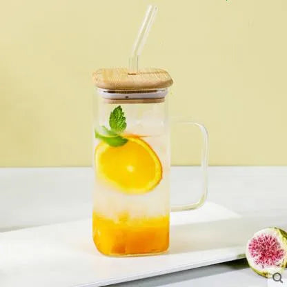 400ml Square Glass Mug With Lid and Straw Breakfast Milk Cup Microwave Safe Transparent Party Beer Coffee Mug Drinkware