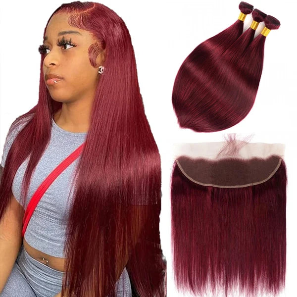 99J Burgundy Hair Bundles With Lace Frontal Wine Red Straight Human Hair 3 Bundles With 13×4  Lace Frontal with Baby Hair 12A