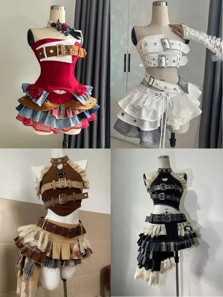 Summer Vintage Elegant Y2K Woman 2 Piece Sets Punk Gothic Strapless Crop Tops +High Waist Ruffle Skirt Female Party Outfits 2025