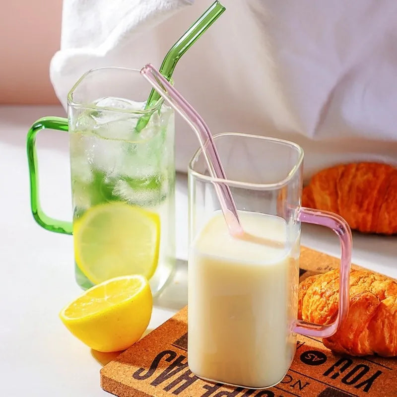 400ml Square Glass Mug With Lid and Straw Breakfast Milk Cup Microwave Safe Transparent Party Beer Coffee Mug Drinkware