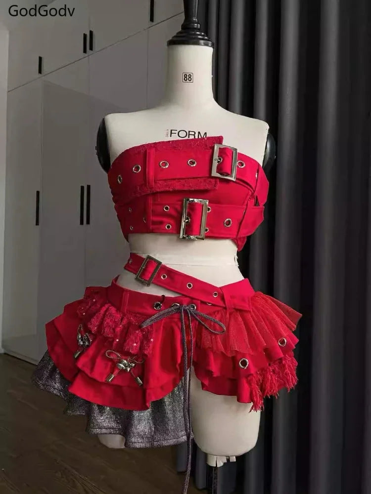 Summer Vintage Elegant Y2K Woman 2 Piece Sets Punk Gothic Strapless Crop Tops +High Waist Ruffle Skirt Female Party Outfits 2025