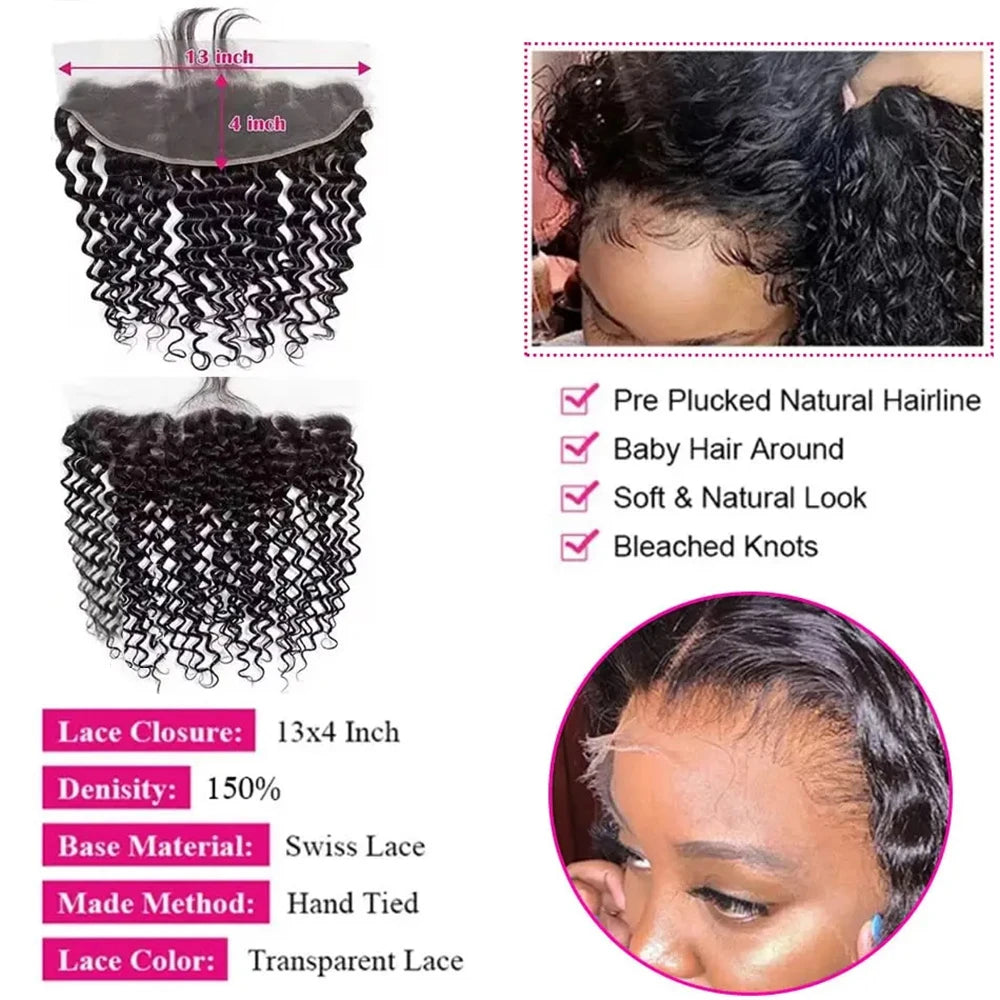 28 30 32 Inches Deep Wave Bundles With Frontal 13x4 HD Lace Brazilian Remy Hair Bundles for Black Women Lace Closure With Bundle