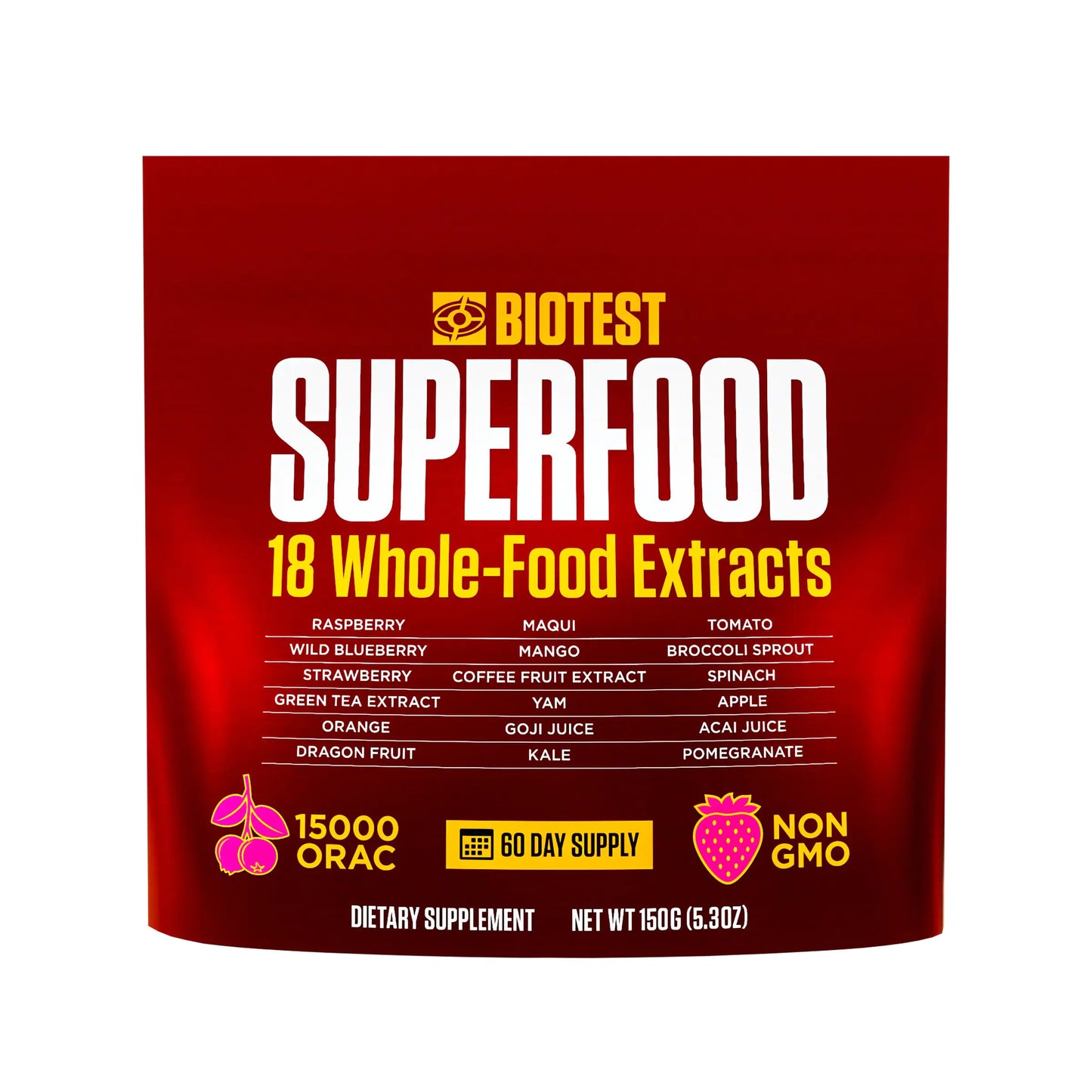 Biotest Superfood Powder Blend of 18 Whole Food Berries Fruits and Vegetables - Healthy Polyphenols Antioxidants Vitamins Minerals - 60 Day Supply - 150 g